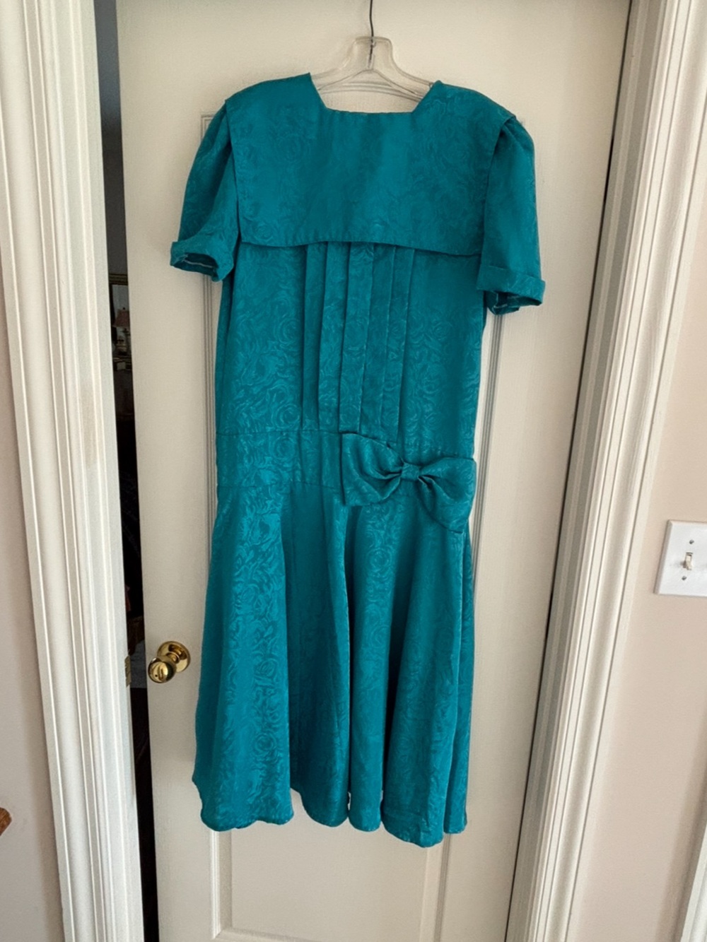 Vintage 80s Handmade Teal Satin 20s Inspired Drop Waist Dress Bow Detail sz 10 ?